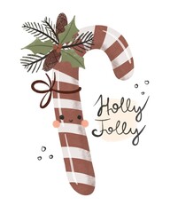 Holly jolly. Christmas card. Cartoon candy, twigs, hand drawing lettering. holiday theme. Colorful illustration, flat style. design for greeting cards, print, poster