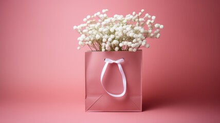 a pink paper bag accompanied by delicate white Gypsophila flowers, that conveys a shopping concept, blending sophistication with simplicity.