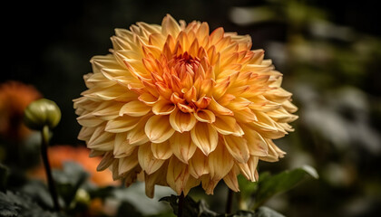 Vibrant multi colored dahlia blossom, a focus on foreground beauty generated by AI
