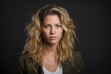 Portrait of a beautiful young woman with long blond curly hair.