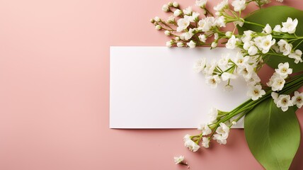 a romantic letter, surrounded by tender narcissus and gypsophila branches, set against a rose background. Ideal for text or promotion, the love of spring in a sleek and minimalist composition.