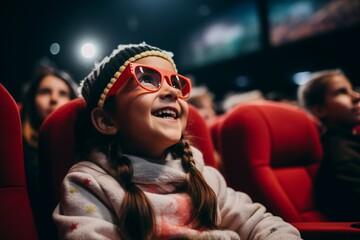 Fototapeta premium A girl in a New Year's cap watches a movie in a cinema and laughs, looks into the frame