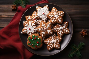 New Year's gingerbread cookies in the shape of a deer with icing and sprinkles on a plate, on a rustic table, top view 