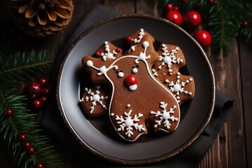 New Year's gingerbread cookies in the shape of a deer with icing and sprinkles on a plate, on a rustic table, top view