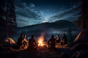 Friends Bonding Under the Stars - Group Camping Trip Showcasing Campfire - obrazy, fototapety, plakaty