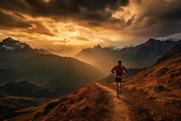 Adventurous Man Takes on Majestic Mountains in Moody Sunset Scene. Trail Running.