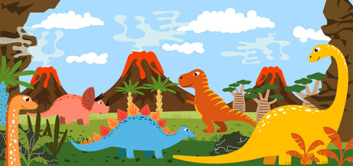 Vector children's bright illustration with dinosaurs on the background of nature, volcanoes, stones and plants. Suitable for book illustrations, nursery wallpaper, prints, children's products © Iryna Kuzmych