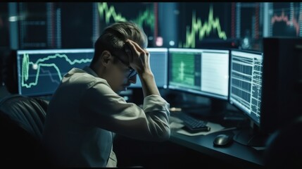 Stressed Stock Exchange Trader Can't Apprehend a Sudden Stock Market Collapse. Financial Crisis Concept with Stock Broker Saddened by Negative Ticker Information - obrazy, fototapety, plakaty