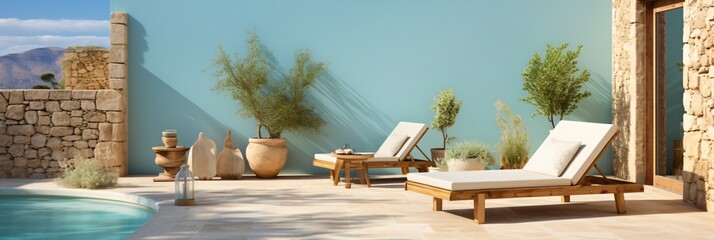 mediterranean pool and outdoor living room - obrazy, fototapety, plakaty