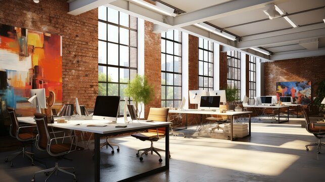 office loft business background illustration workspace creative, design industrial, trendy modern office loft business background