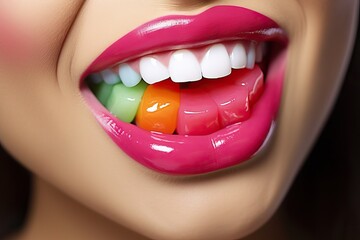 teeth woman perfect Lollypop Colorful adult attractive background beautiful beauty bright calorie caucasian close closeup colours cosmetic detail diet eating face fashion female fun girl glamour - obrazy, fototapety, plakaty