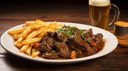 Delicious Belgian Stoofvlees Beef Stew with Beer and Fries on White Background AI Generated