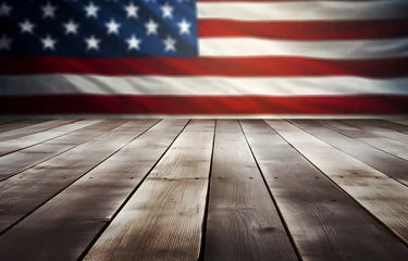 Foto op Plexiglas Empty wooden deck table and wooden plank background in USA flag © Oleksiy