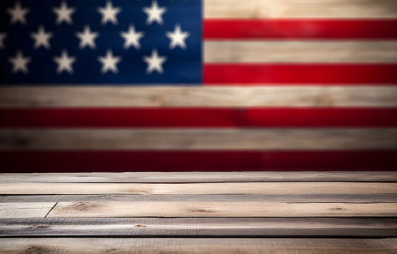 Empty wooden deck table and wooden plank background in USA flag