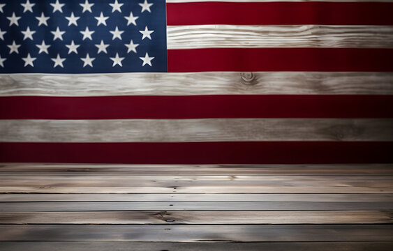 Empty wooden deck table and wooden plank background in USA flag