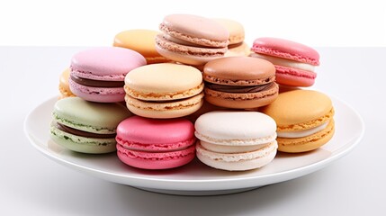 Fototapeta na wymiar Assorted Flavors of French Macarons on White Background AI Generated AI Generated