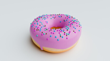 Delicious Donut 3d Render Icon with Sprinkles on a Gray Flat Background. Illustration of Pastry and Confectionery. Pink Donut