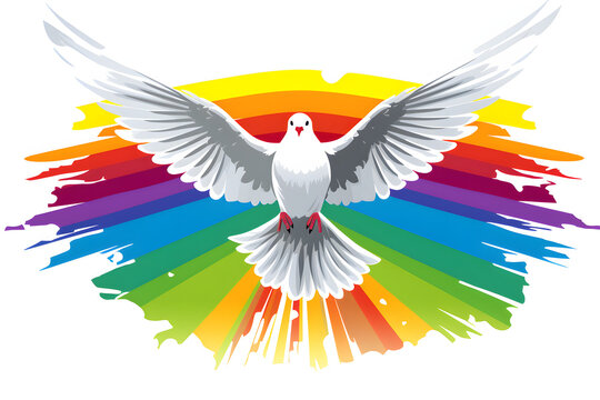Dove in flight against rainbow paint splashes