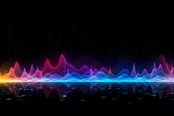 Vibrant digital sound waves on black background with reflection