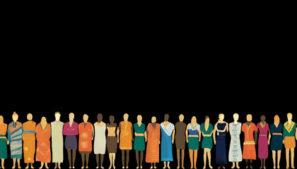 Diversity of people. Symbolic, multicultural, unidentified figures symbolizing the richness and diversity of the global population. World Population Day Concept. Space for text on a black background - 692737866