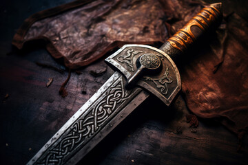 Viking sword, rugged and battle-worn, lying against a wooden shield, Norse runes etched into the blade, a glimpse into the warrior's journey. - obrazy, fototapety, plakaty