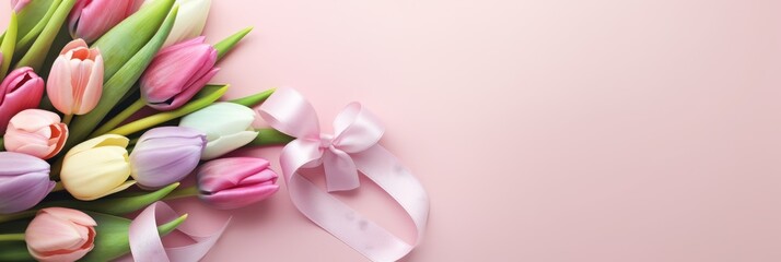 A beautiful bouquet of tulips tied with a satin ribbon, the concept of spring and women's holiday March 8, birthday, banner