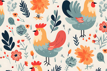 Colorful pattern with chickens and floral elements - obrazy, fototapety, plakaty