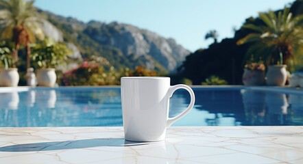 white coffee cup on stone tiled outside swimming pool - Powered by Adobe