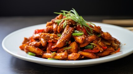 Delicious Korean Dak Galbi Spicy Stir-Fried Chicken on White Background AI Generated