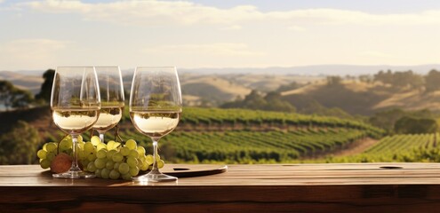 wine, wine, grapes and wine glasses on a table in a vineyard
