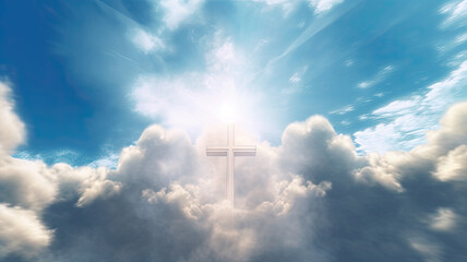 Religious background with cross of God with light rays coming from the clouds in blue sky - obrazy, fototapety, plakaty