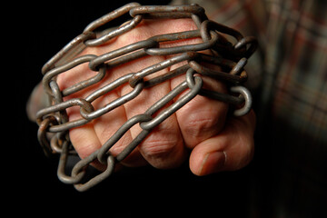 Fist with chain mirrors rising world aggression. Chain, unseen tension prison, urges pondering...