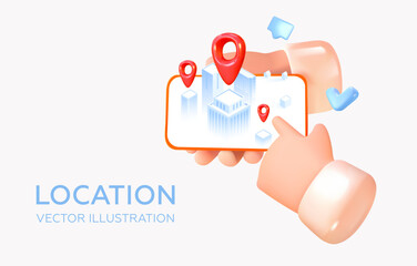 Shows the location in the application on the screen. Mobile phone in hands. Location point in the city. Red pin in 3D style. Vector illustration