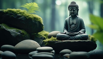 a buddha in meditation with a stone sitting in the background