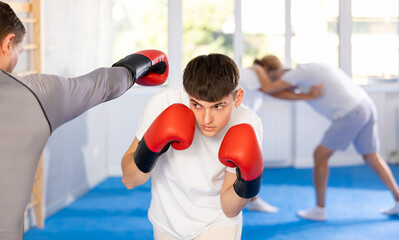 Guy and man in boxing gloves strike deliver hook each other, opponent during training bout, improving fighting skills during boxing training in gym - obrazy, fototapety, plakaty