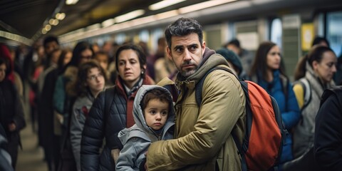 Exhausted city parent and child navigating through crowded subway station , concept of Hectic urban environment - obrazy, fototapety, plakaty