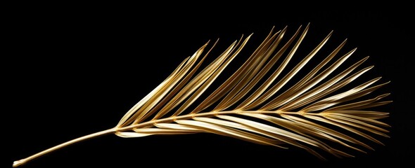 a gold palm leaf is seen against a black background