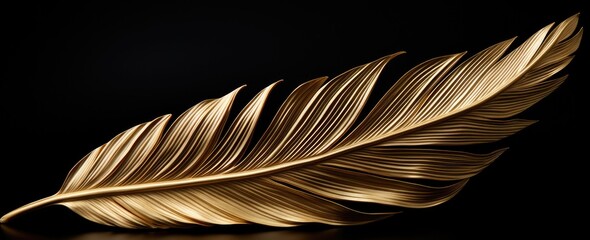 a gold palm leaf is seen against a black background