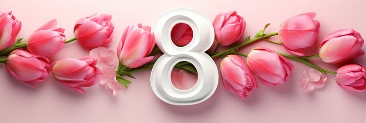 Number 8 in tulips, women's holiday March 8, 8th birthday, banner