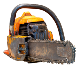 An old, neglected and rusty petrol saw for cutting wood and forest clearing.