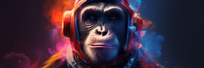 Chimpanzee monkey in spacesuit, first animals in space, space exploration, banner