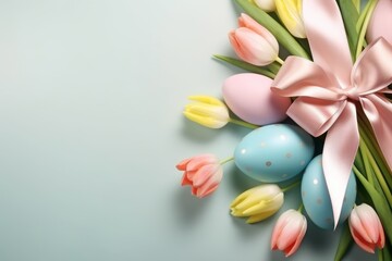 Bright tulips with Easter eggs on a green background, top view, Happy Easter