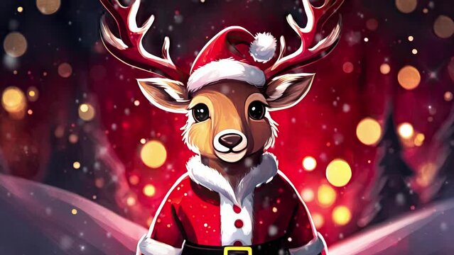 Cute reindeer animation video , snow fall , blur background 