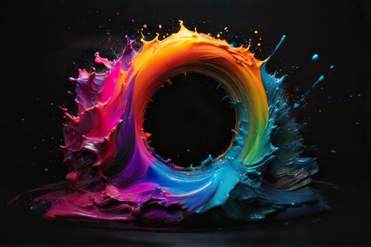 colorful paint splashing around a circle on a black background, colorful redshift render, digital art