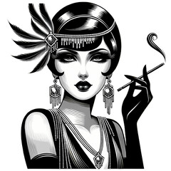 Obraz premium Femme élégante des années 20 style Gatsby, fond transparent idéal pour illustration de blog ou article mode retro, charme, art déco, glamour, vintage