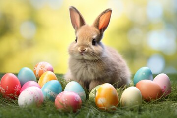 Cute fluffy funny Easter bunny among Easter eggs on a green lawn, Happy Easter