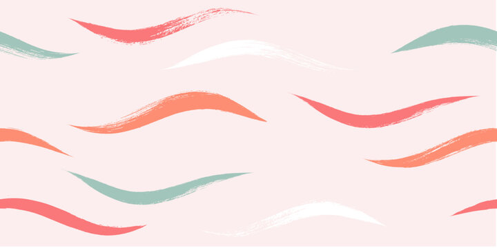 Seamless Wave Pattern, Hand drawn pink vector background. Wavy girly brush stroke, curly grunge paint lines, watercolor illustration