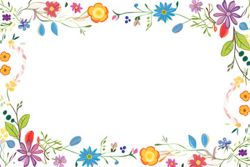 Floral border with colorful flowers and leaves on white background