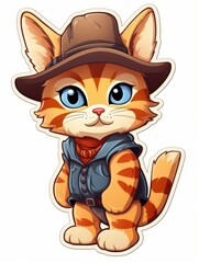 Cartoon sticker sweet kitten dressed as a cowboy, AI