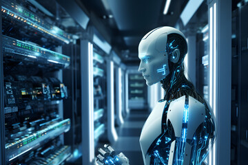 Humanoid robot in data center with blue lighting - obrazy, fototapety, plakaty